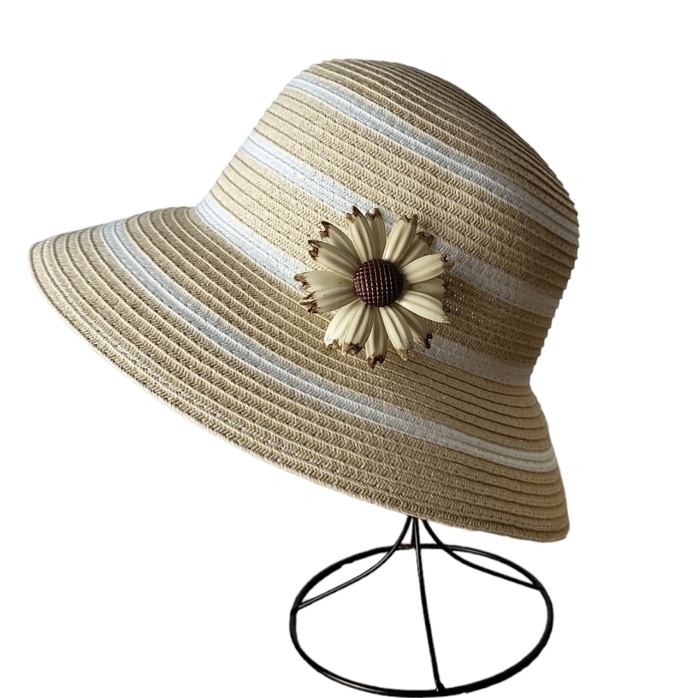 Magid Tan and White Striped Hat with Floral Accent New without tags. Never Worn!